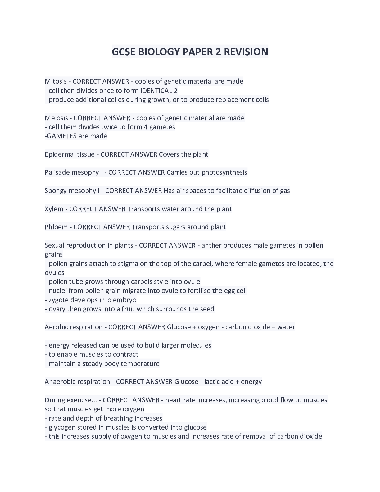 Preview image of GCSE BIOLOGY PAPER 2 REVISION document